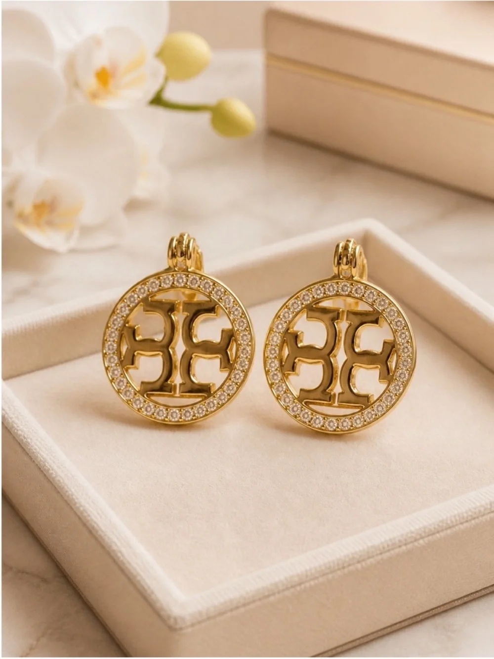 Tory Burch Gold Crystal-Trimmed Round Logo Earrings